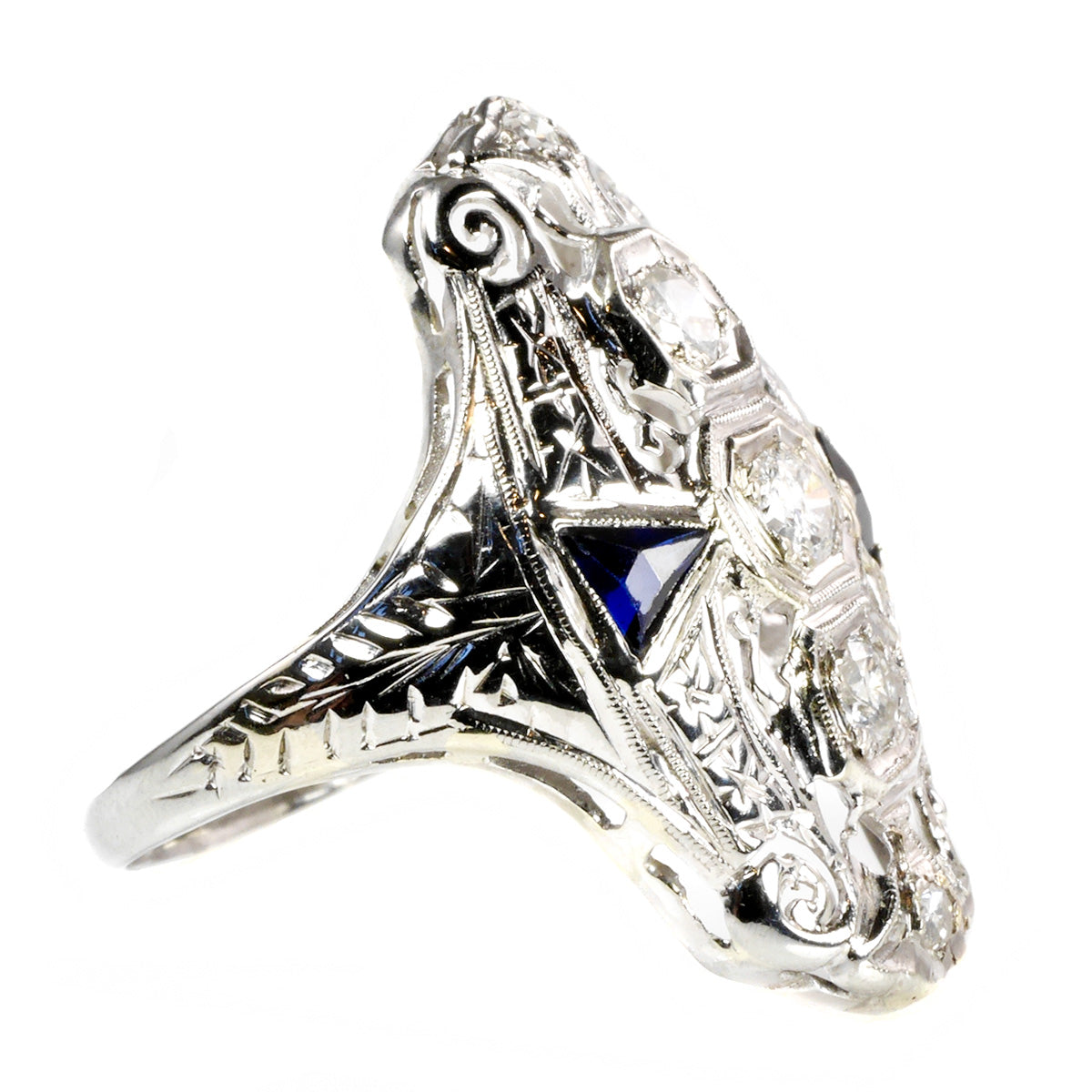 10 k White Gold Diamond &amp; Sapphire Art Deco Ring