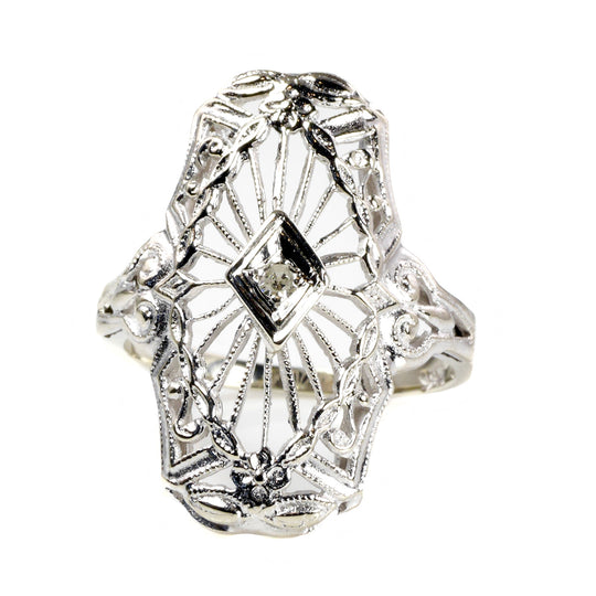 14k White Gold Art Deco Filigree Diamond Ring