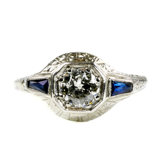 18 k White Gold Diamond & Sapphire Art Deco Ring