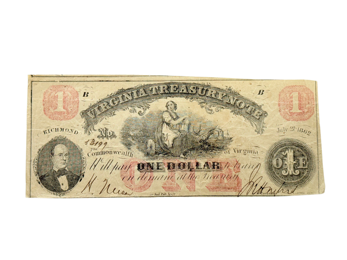 1862 $1 Richmond Virginia Treasury Obsolete Bank Note (F)