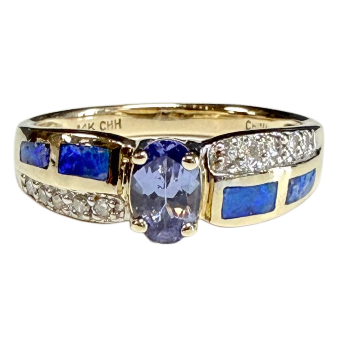 14k Yellow Gold Tanzanite Opal & Diamond Ring