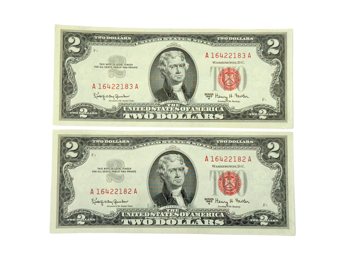 Lot of 2 Consecutive 1963-A $2 Legal Tender (AU)