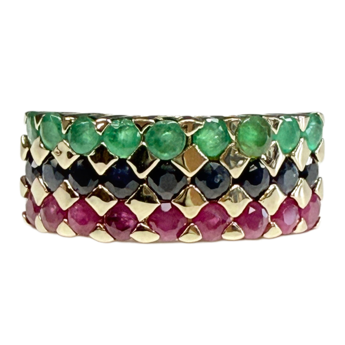 14k Yellow Gold Emerald Sapphire & Ruby Statement Ring