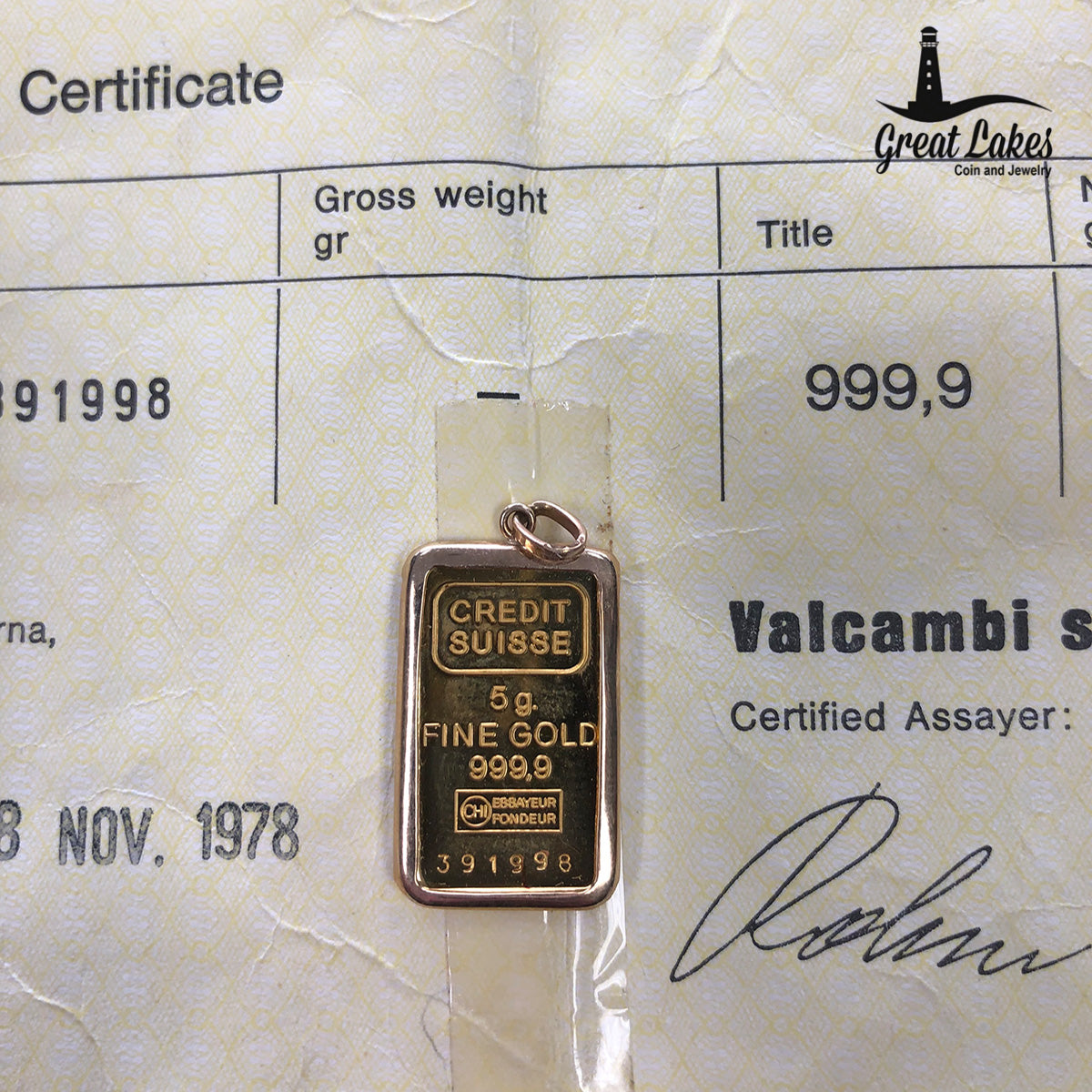 Credit Suisse 5 g Gold Bar in 14 k Bezel (With Assay)