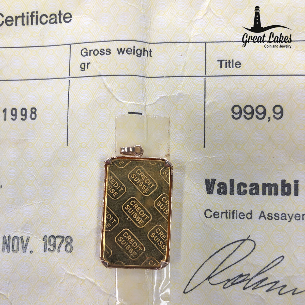 Credit Suisse 5 g Gold Bar in 14 k Bezel (With Assay)