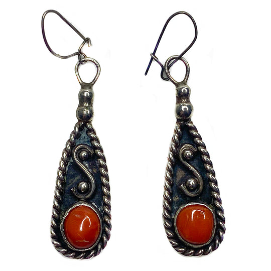 Native American Silver & Coral Dangle Earrings