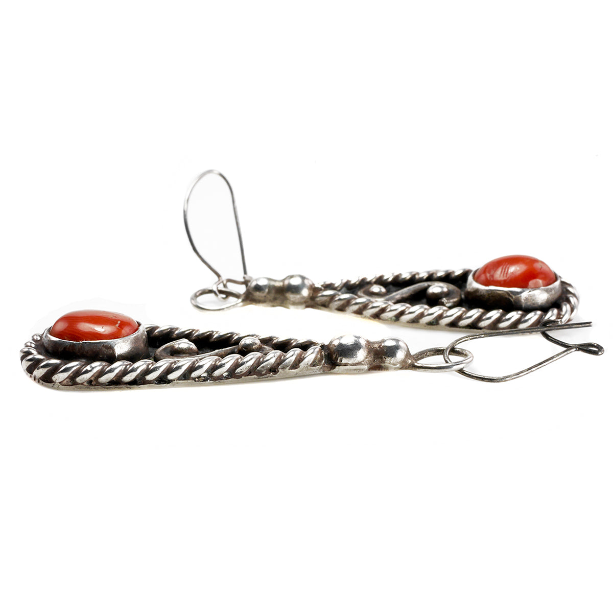 Native American Silver &amp; Coral Dangle Earrings