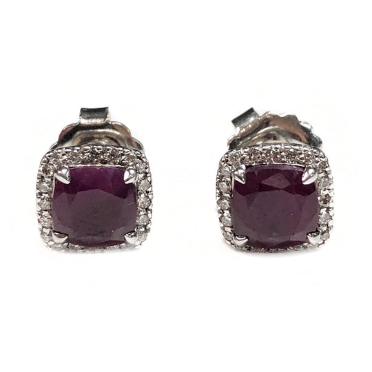 John Hardy Silver Classic Chain Magic Cut Indian Ruby & Diamond Stud Earrings