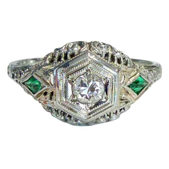 Art Deco 18k Gold Diamond & Emerald Ring