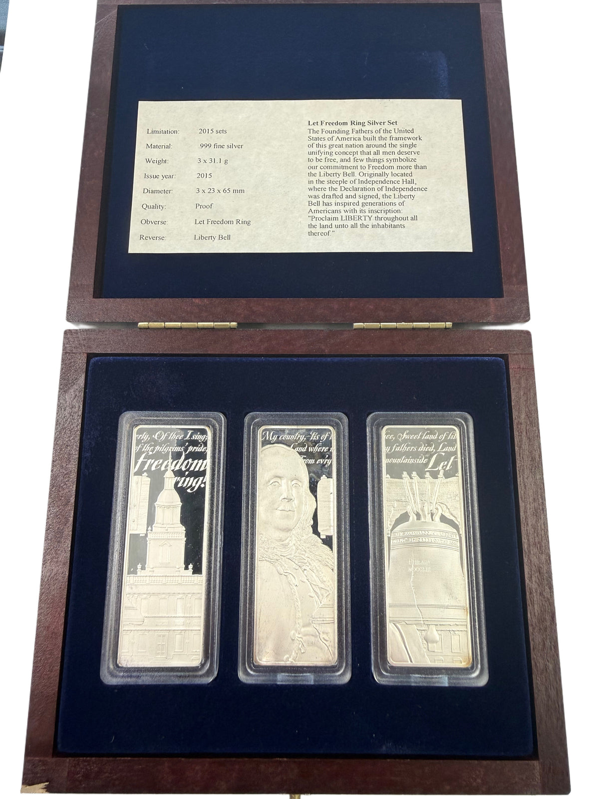 2015 American Mint Three Piece Let Freedom Ring Silver Bar Set (With Box & CoA)
