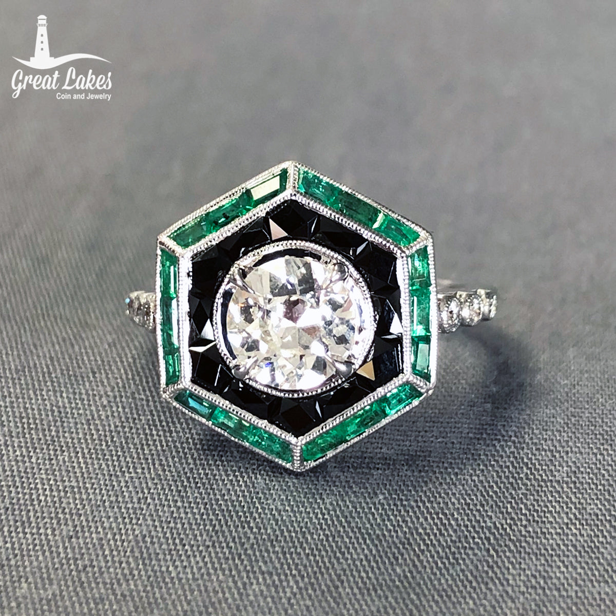 Vintage Inspired 18 k White Gold Emerald Onyx &amp; Diamond Ring