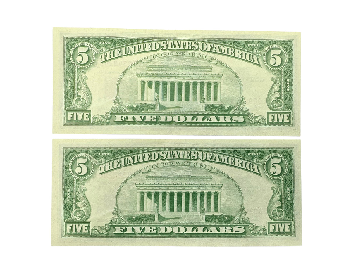 Lot of Two Consecutive 1963 $5 Legal Tender (AU)