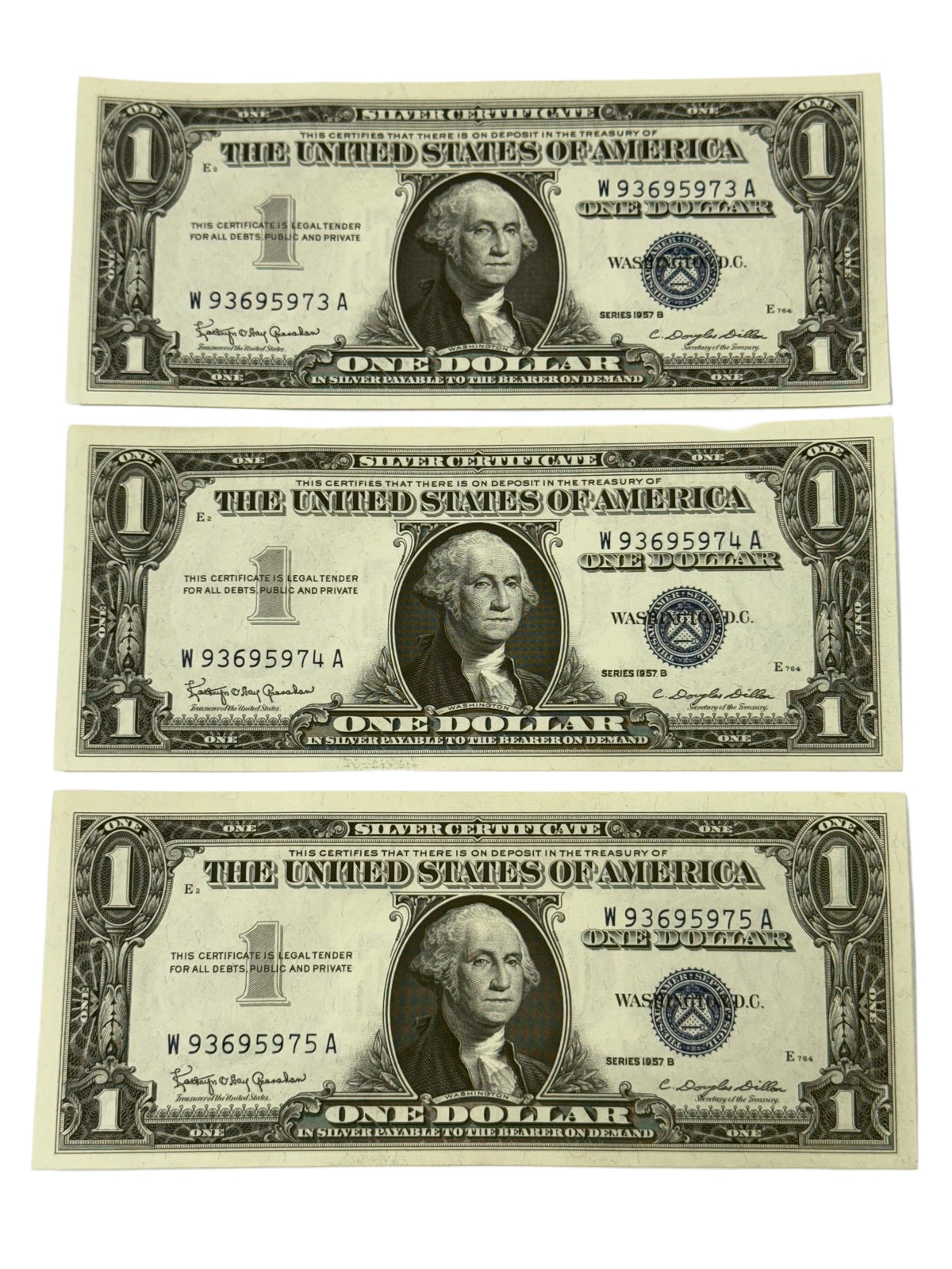 Lot of 3 Consecutive 1957-B $1 Silver Certificates (CU)