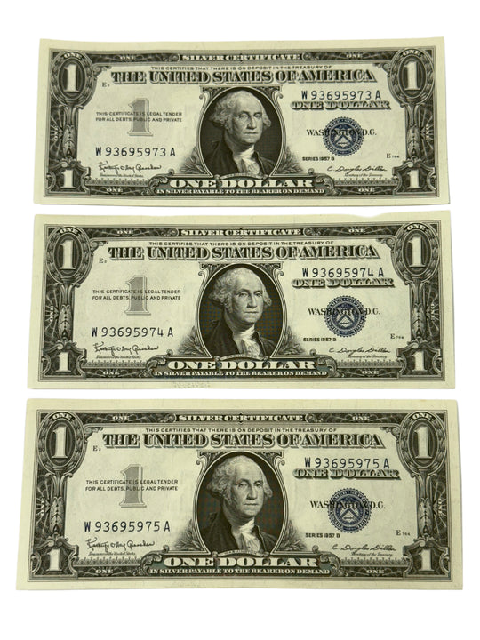 Lot of 3 Consecutive 1957-B $1 Silver Certificates (CU)