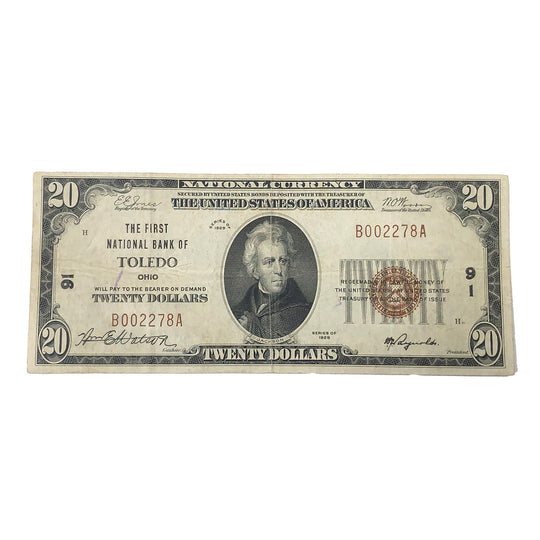 FR. 1802-1 1929 Type 1 $20 National Bank Note First National Bank Of Toledo Ohio (VF) (Tellerstamp)