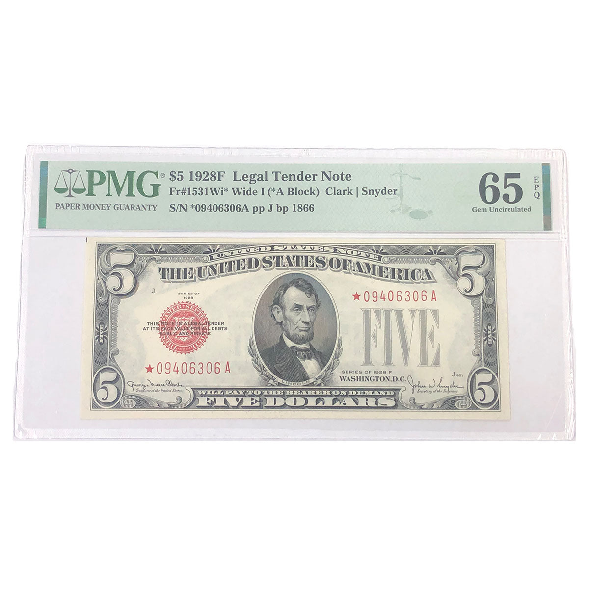 Fr. 1531Wi*. 1928F $5 Legal Tender Star Note. Wide I. PMG 65 Gem UNC EPQ