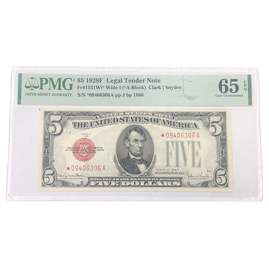 Fr. 1531Wi*. 1928F $5 Legal Tender Star Note. Wide I. PMG 65 Gem UNC EPQ