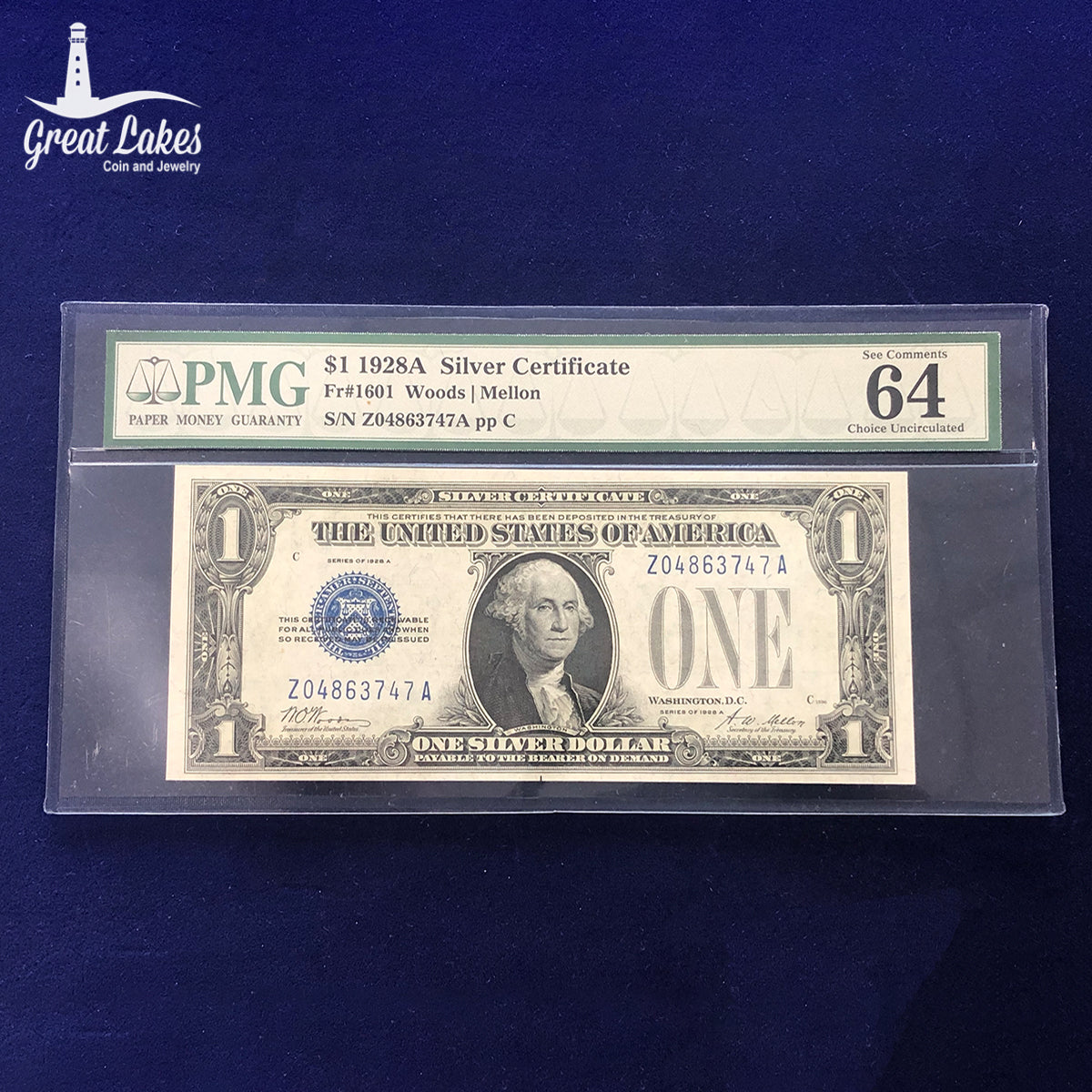 Fr.1601 1928-A $1 Silver Certificate “Funnyback” PMG CU64