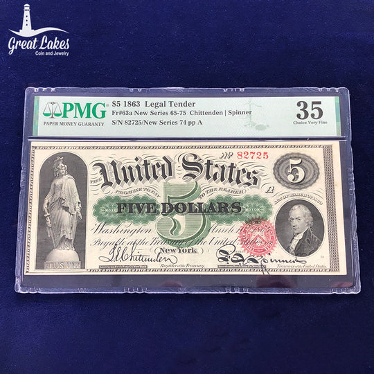Fr.63a 1863 $5 Legal Tender New Series 65-75 PMG VF35
