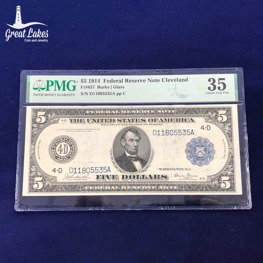 Fr.857 1914 $5 Federal Reserve Note Cleveland PMG VF35