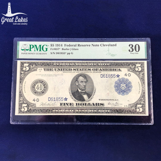 Fr.857* 1914 $5 Federal Reserve Star Note Cleveland PMG VF30