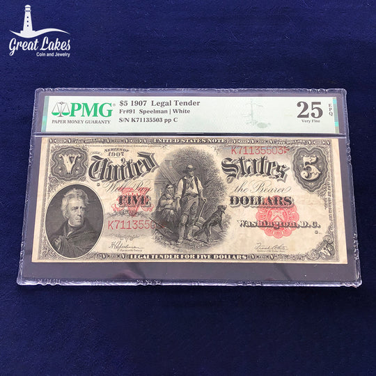 Fr.91 1907 $5 Legal Tender “Woodchopper” Note PMG VF25 EPQ