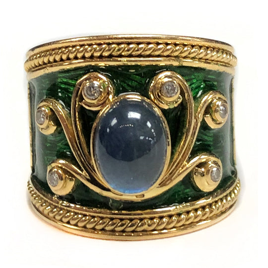 Elizabeth Gage 18k Gold Sapphire & Diamond Templar Ring