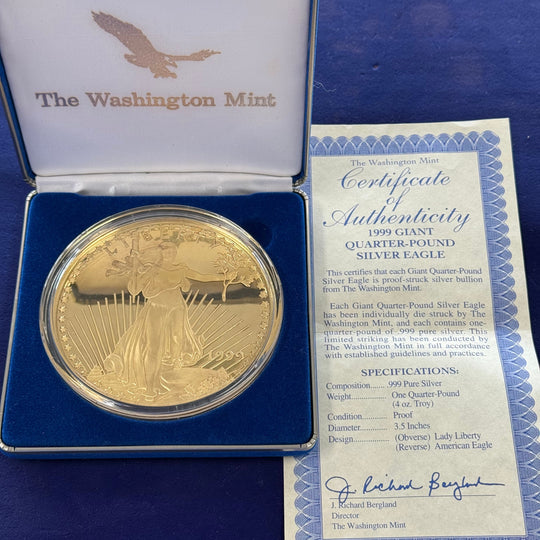 1999 Washington Mint Gilded 4 oz Silver Eagle Round (With Box & CoA)