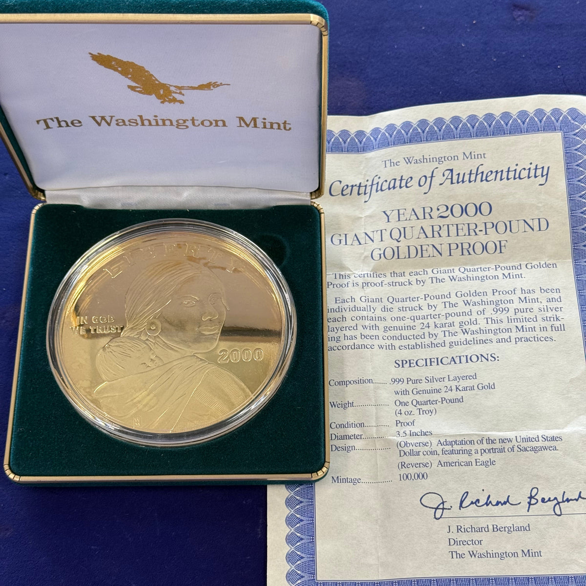 2000 Washington Mint Gold Gilded 4 oz Silver Sacagawea Round (With Box & CoA)