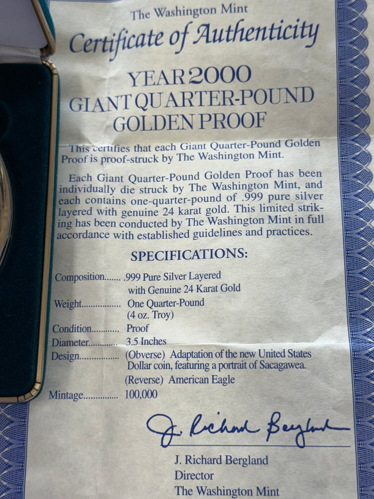 2000 Washington Mint Gold Gilded 4 oz Silver Sacagawea Round (With Box & CoA)