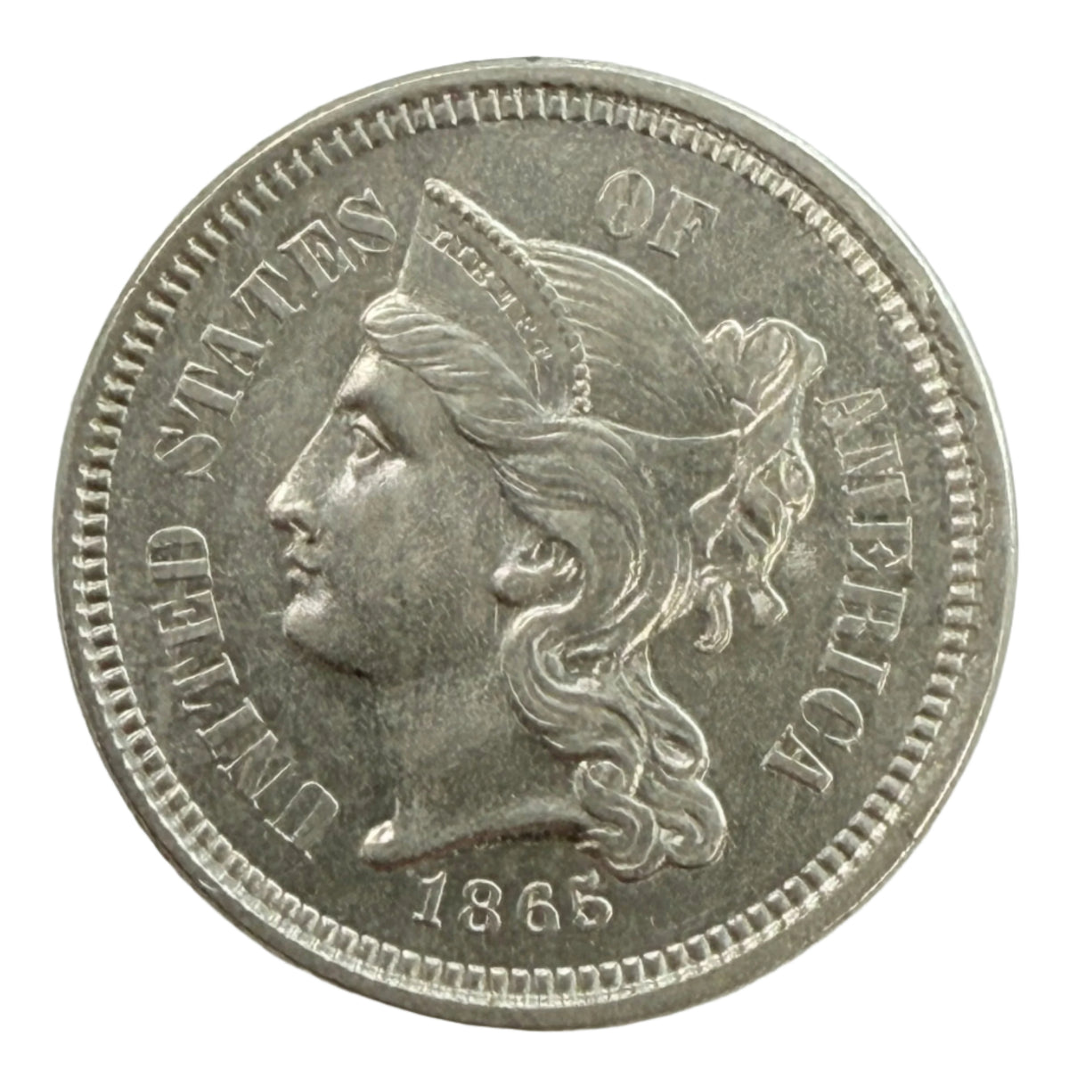 1865 Three Cent Nickel 180 Degree Rotated Reverse w/ Die Clash (AU)