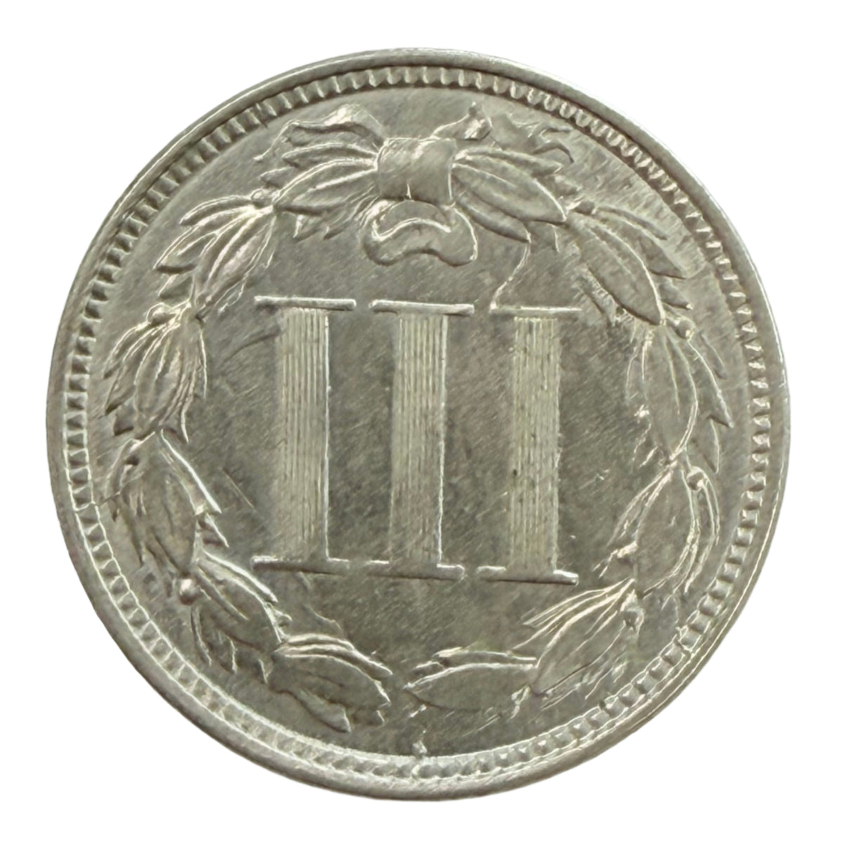 1865 Three Cent Nickel 180 Degree Rotated Reverse w/ Die Clash (AU)