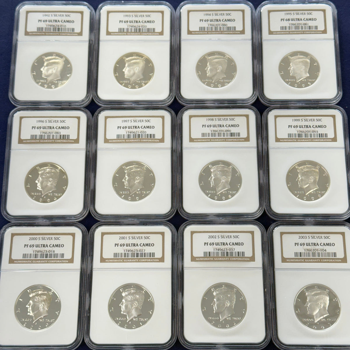 Lot of 12 1992-S to 2003-S Kennedy Silver Proof Halves NGC PF69 Ultra Cameo