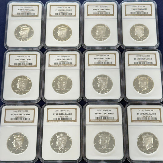 Lot of 12 1992-S to 2003-S Kennedy Silver Proof Halves NGC PF69 Ultra Cameo