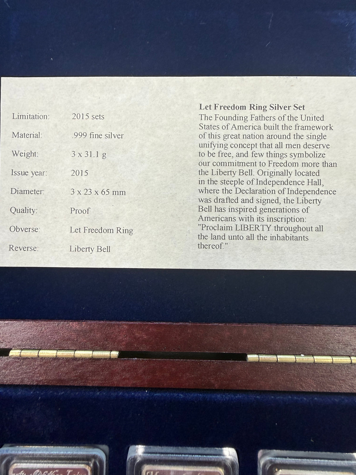 2015 American Mint Three Piece Let Freedom Ring Silver Bar Set (With Box & CoA)