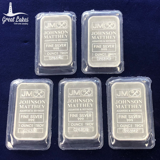 Lot of 5 Johnson Matthey 1 oz Silver Bars