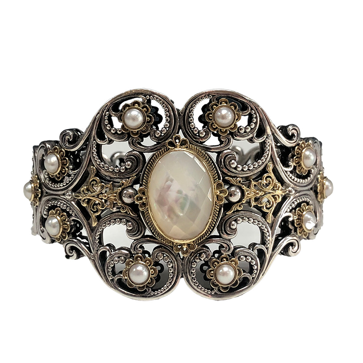 Konstantino Silver 18 k Gold &amp; Mother of Pearl Nykta Cuff Bangle