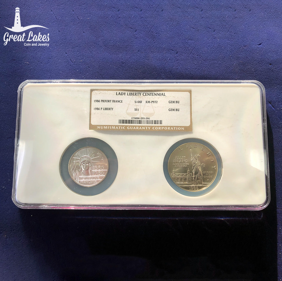 1986 France 100F Piefort & US $1 Commemorative Lady Liberty Centennial Set NGC Gem BU