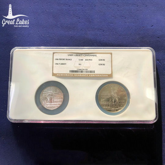 1986 France 100F Piefort & US $1 Commemorative Lady Liberty Centennial Set NGC Gem BU
