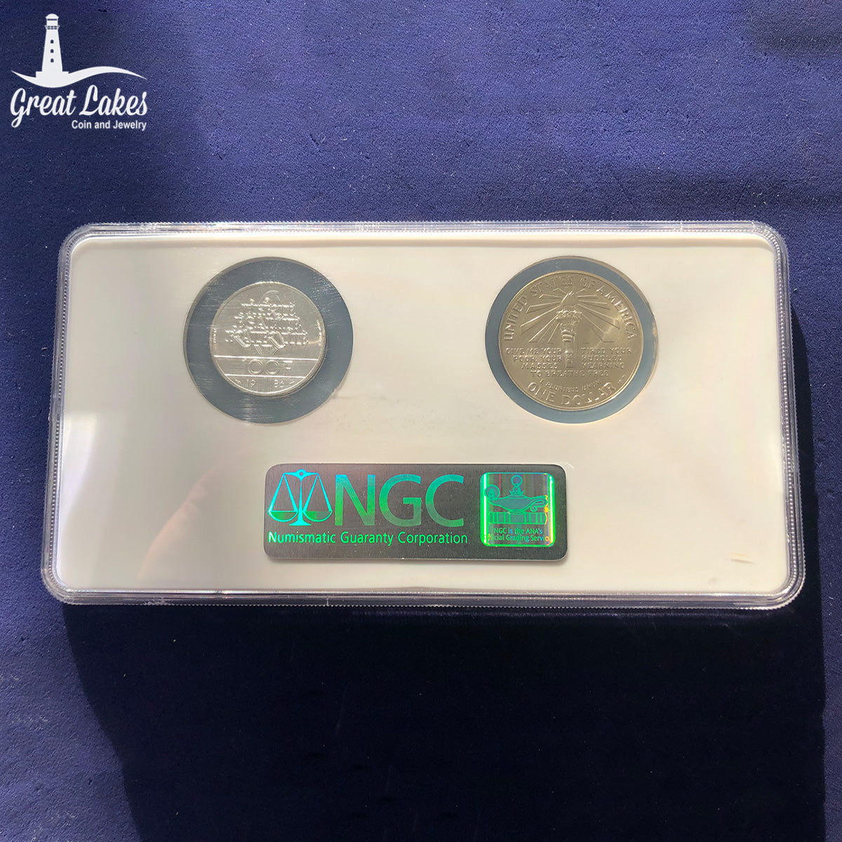 1986 France 100F Piefort & US $1 Commemorative Lady Liberty Centennial Set NGC Gem BU