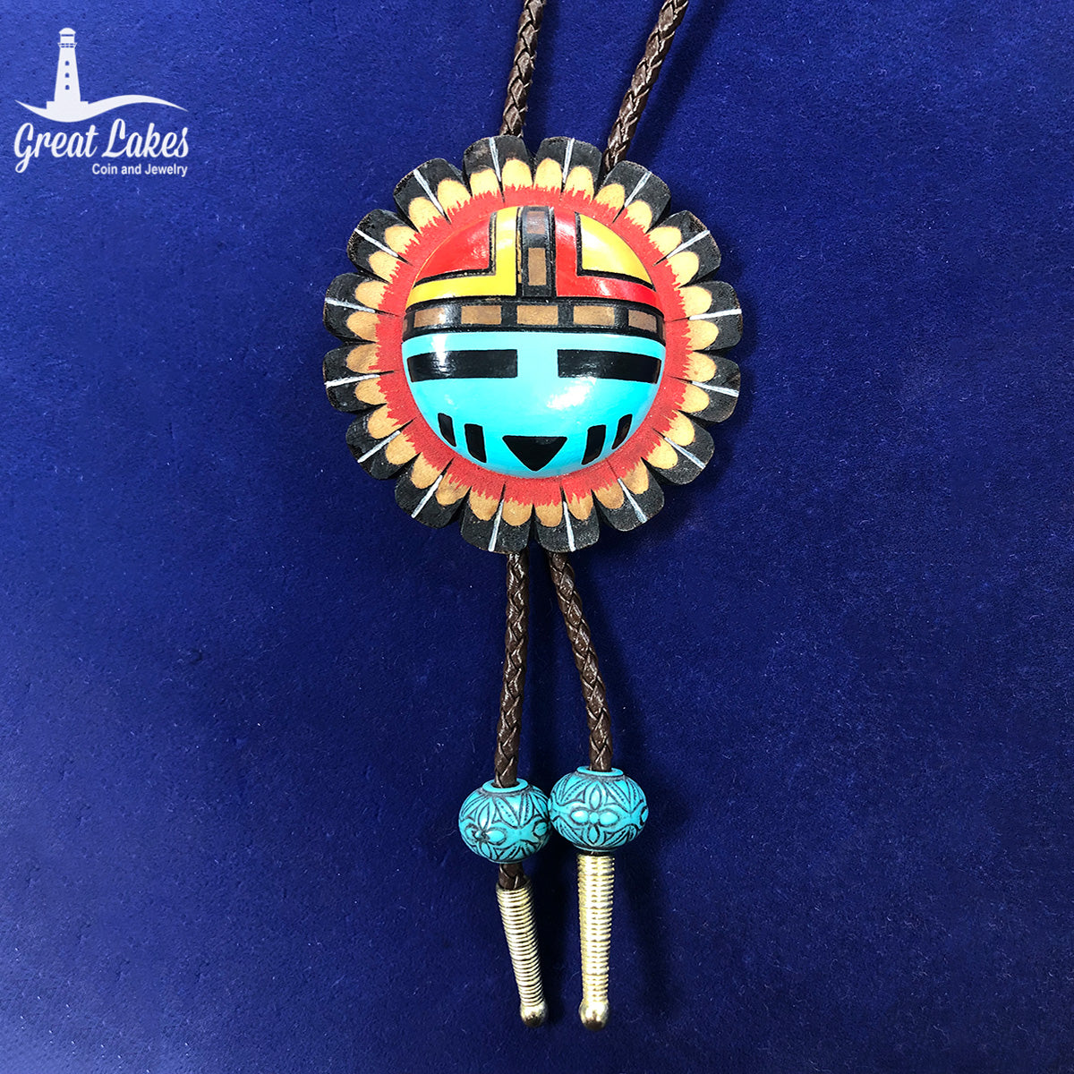Native American Handmade Painted Wooden Bolo Tie