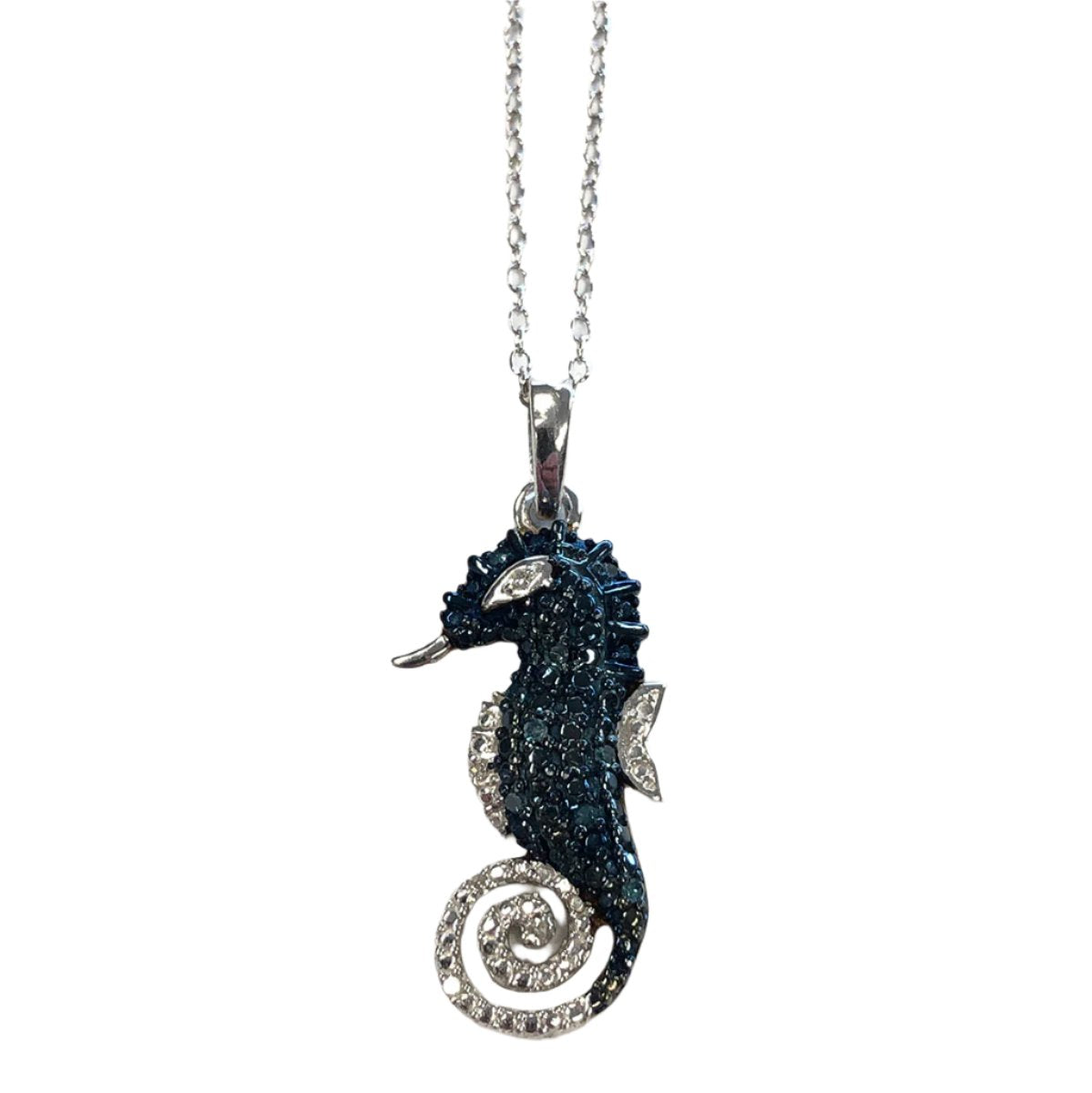 Silver &amp; Blue Diamond Seahorse Necklace