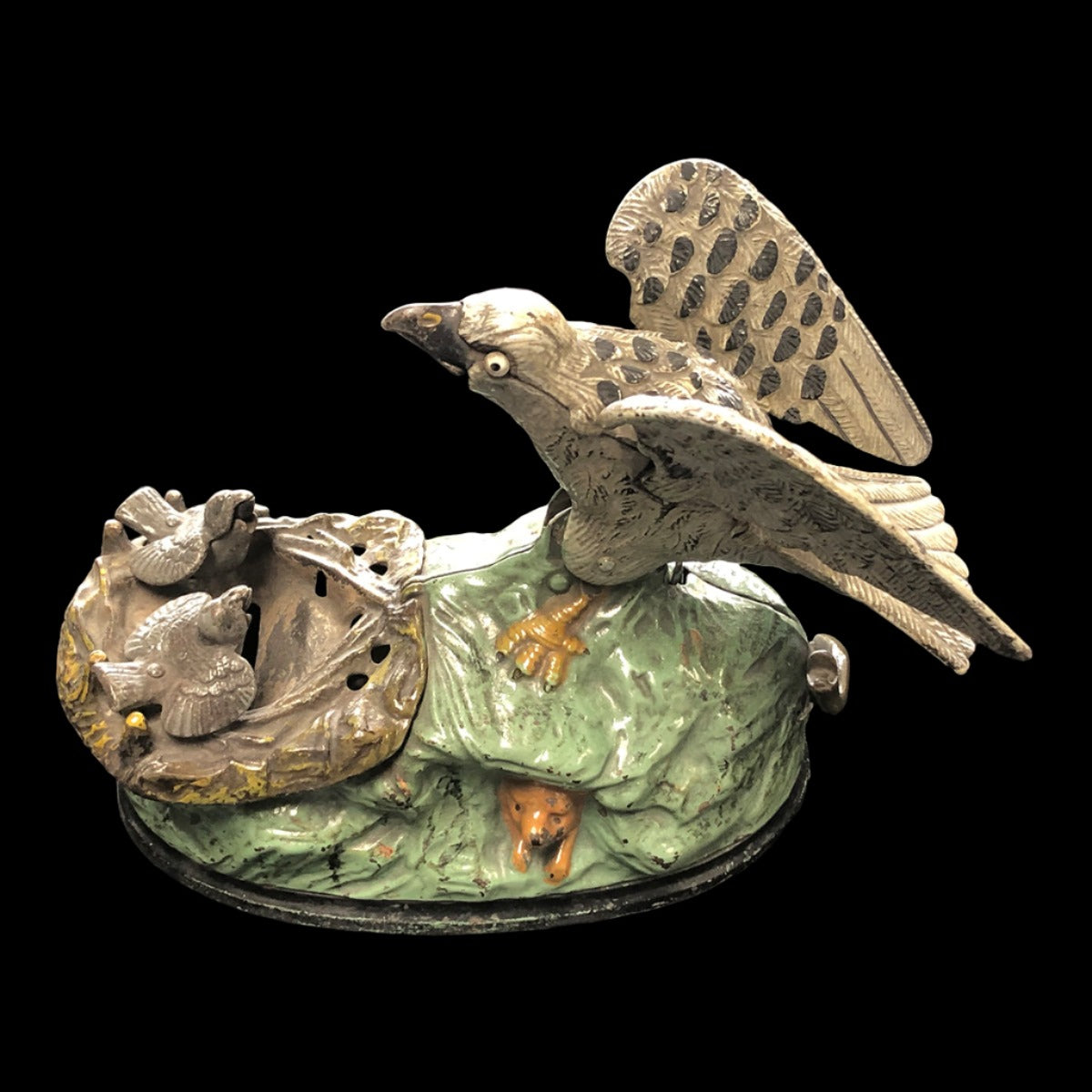 Original 1883 J.E. Stevens Cast Iron Mechanical Bank Eagle and Eaglets