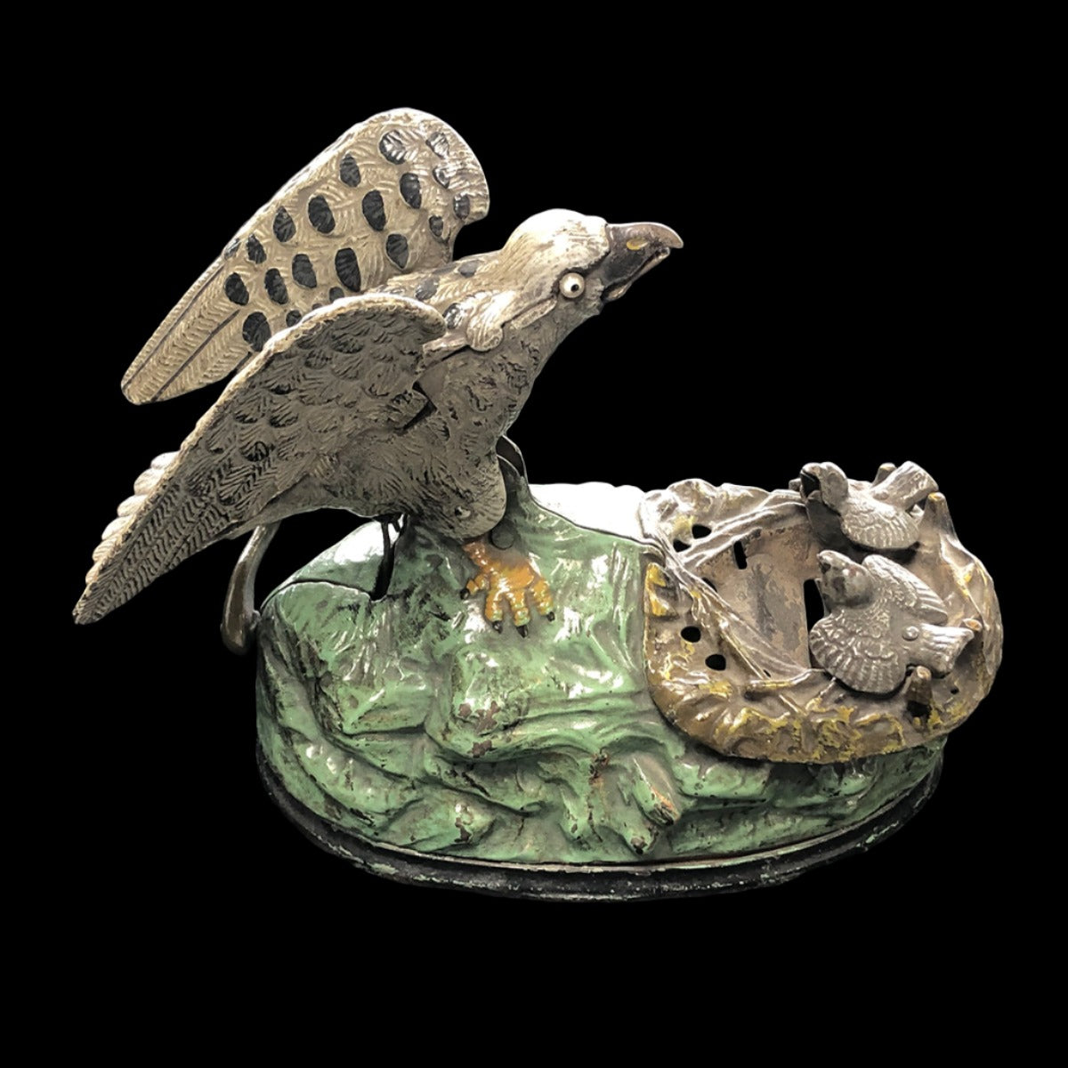 Original 1883 J.E. Stevens Cast Iron Mechanical Bank Eagle and Eaglets