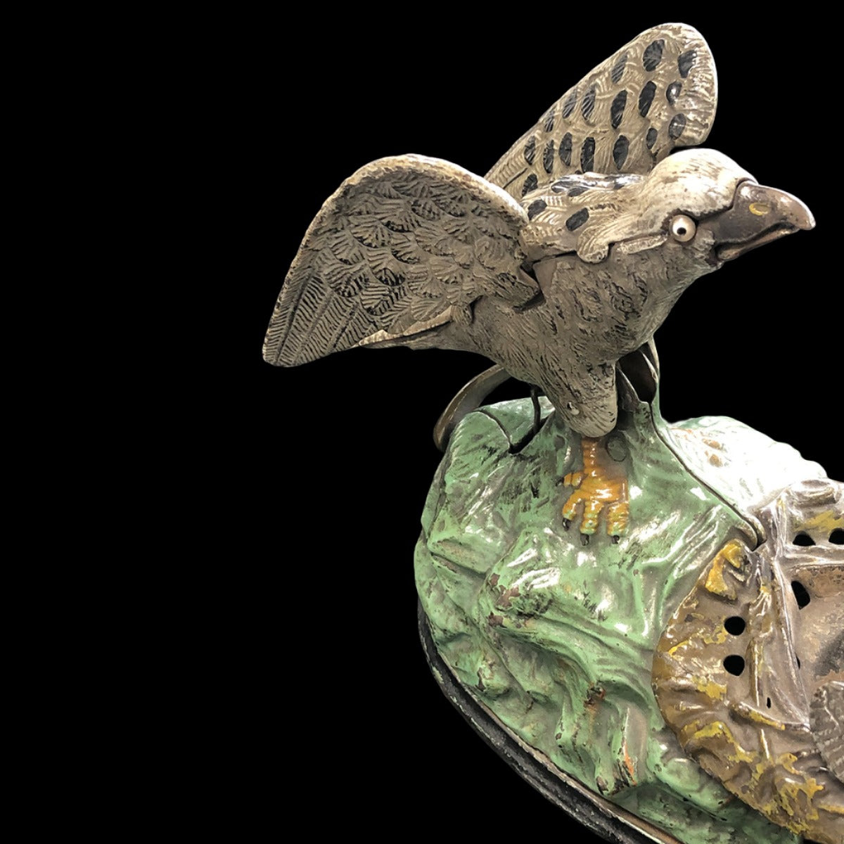 Original 1883 J.E. Stevens Cast Iron Mechanical Bank Eagle and Eaglets