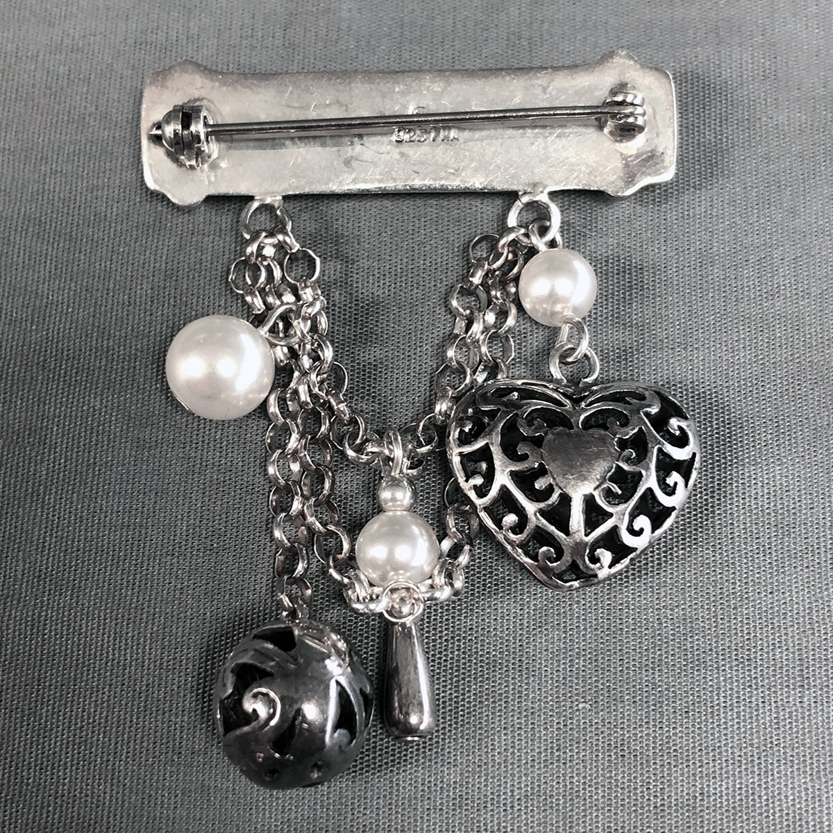 Vintage Silver Heart & Pearl Brooch