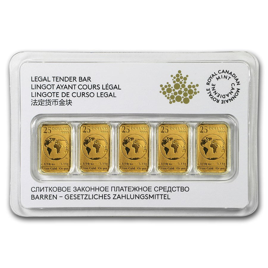 Royal Canadian Mint 1/2 oz Gold Bar Set (In Assay) (5 x 1/10 oz)