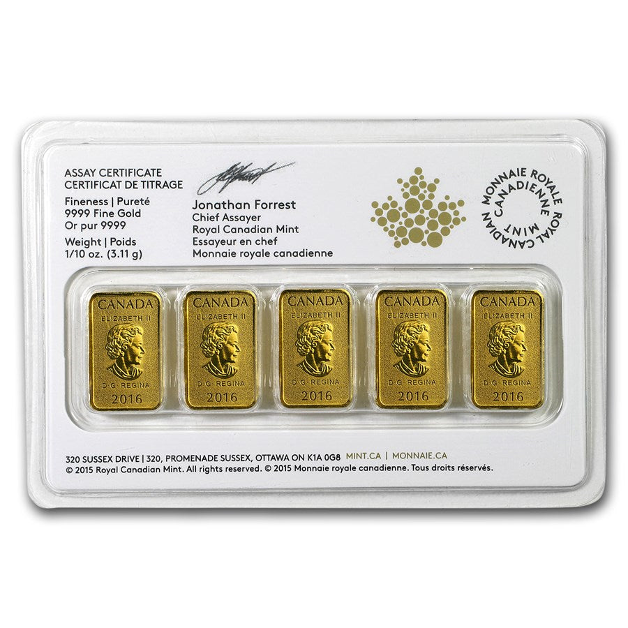 Royal Canadian Mint 1/2 oz Gold Bar Set (In Assay) (5 x 1/10 oz)