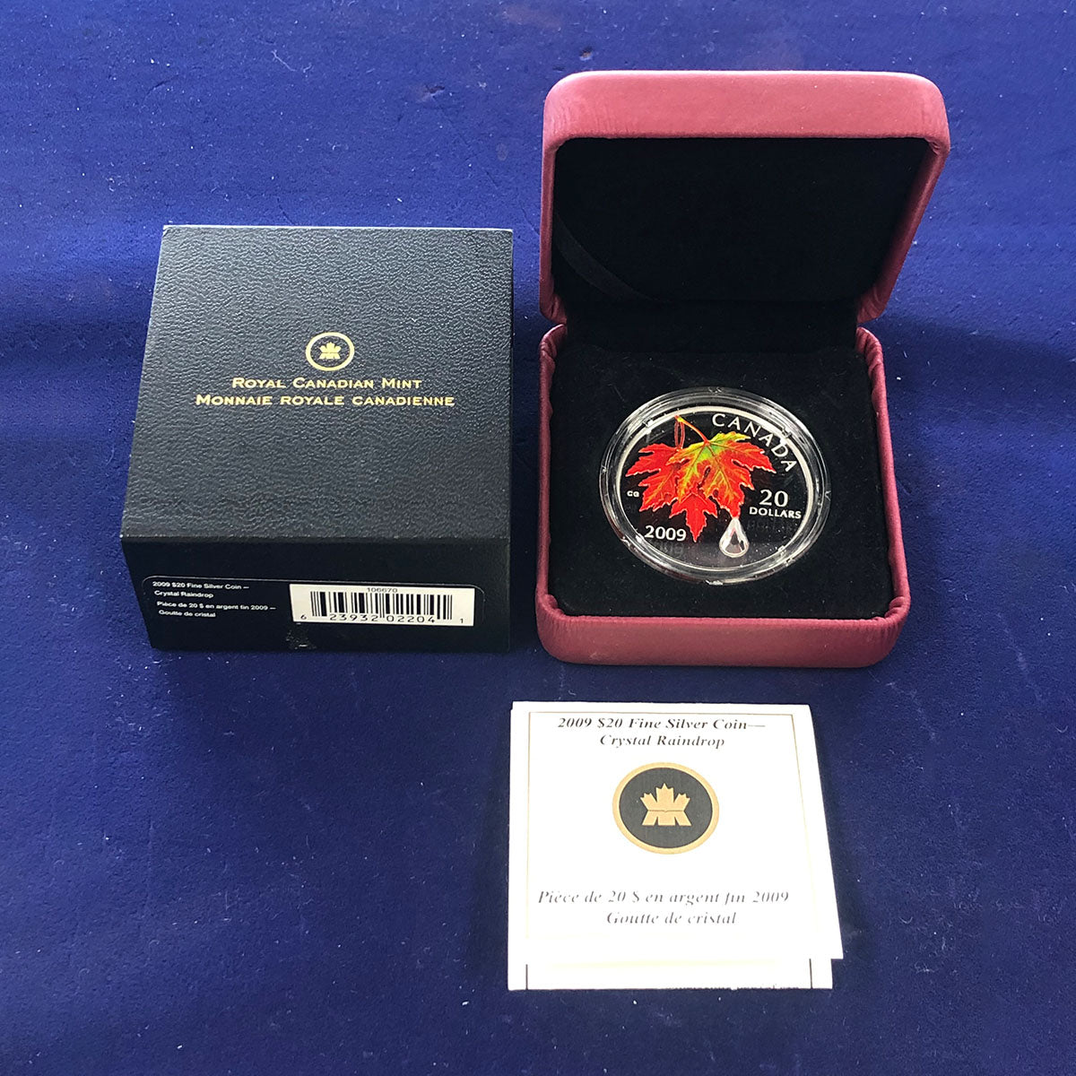 2009 Canadian 1 oz Silver $20 Maple Leaf Crystal Raindrop (With Box & CoA)