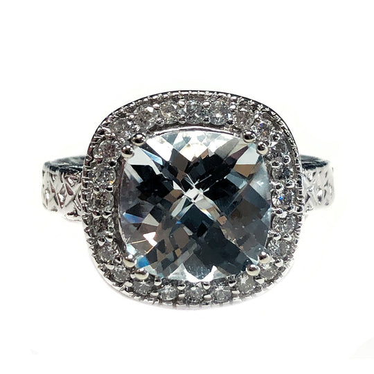 14k White Gold Aquamarine & Diamond Halo Ring